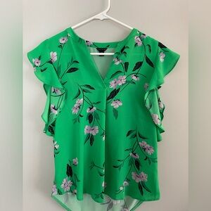Ann Taylor Green Floral Ruffle Blouse